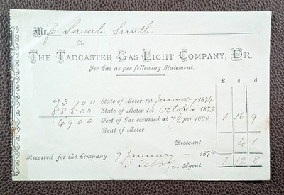 1874 Tadcaster Gas Light Company Tadcaster Rechnung