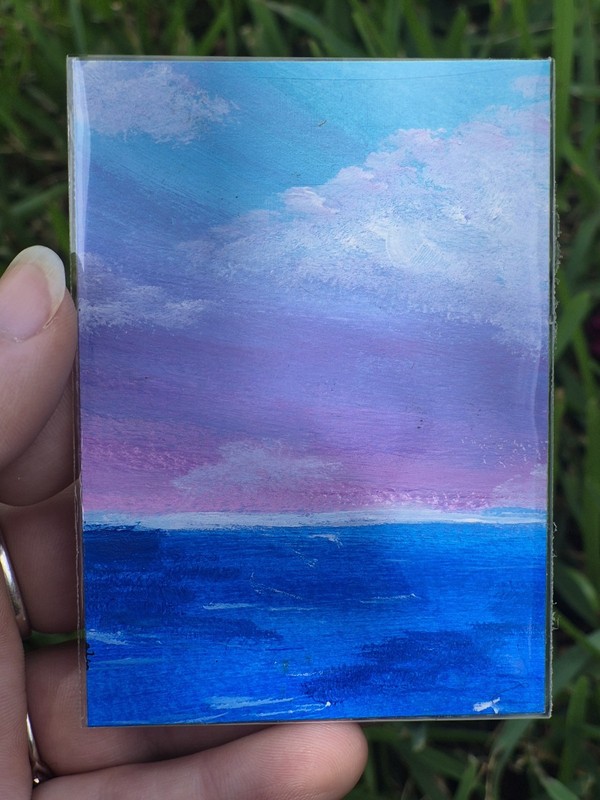 ACEO Original Acrylic Sea Scape Pink Sunset By alybennett