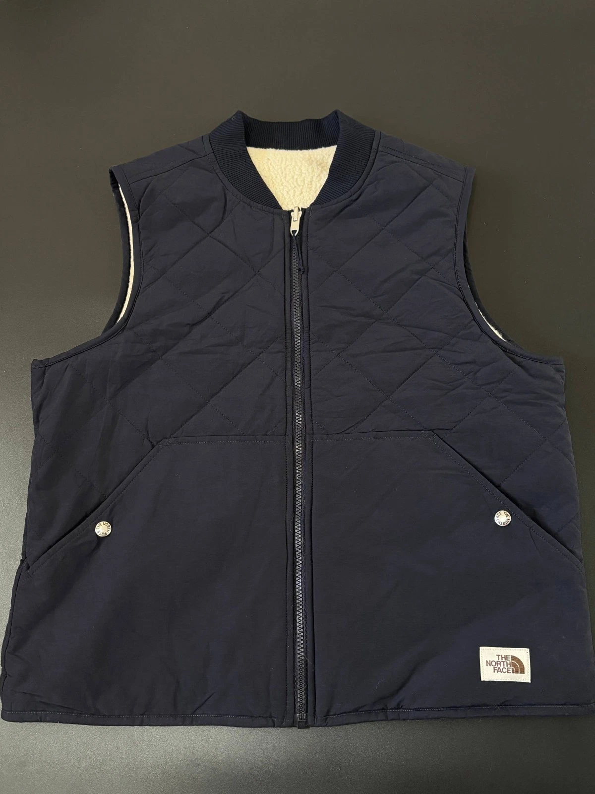 The North Face Men’s Reversible Vest L Navy Quilted Sherpa Lined Full Zip Outdoo