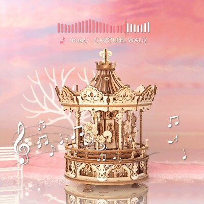 ROKR 3D Wooden Puzzles Romantic Carousel DIY Music Box Model Kits Adult Gift
