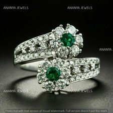Real 925 Sterling Silver 2ct Round Cut Lab-Created Green Emerald Engagement Ring