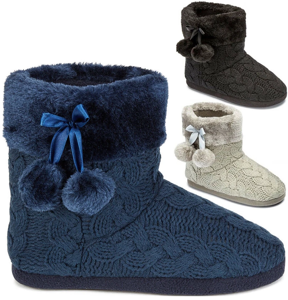 LADIES WOMENS POM POM KNITTED INDOOR BOOT BOOTIES WARM ANKLE WINTER SLIPPERS SZ