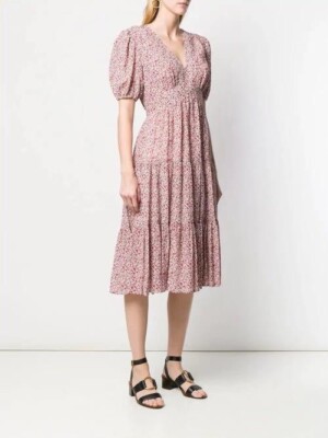tory burch cotton puffed sleeve dress Tory Burch Floral Cotton Silk Tiered Midi Dress Puff Sleeves Preppy Designe Sz 8
