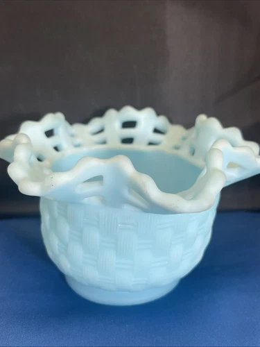 Fenton Blue Satin Glass Basket Weave Small Bowl Vase Open Lace Edge Vintage