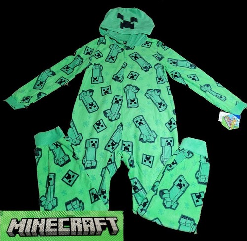 Minecraft 10-12 Pajamas Kids Hoodie Large Green Creeper One Piece Sleeper