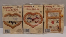 Country Cross Stitch Kits Hand Stained Frames Lot of 3 Vintage 