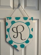 Wooden Hanging - Turquoise Blue / White Polka Dot - Initial R - 15"x12"