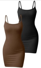 QPP Women 2 Medium Dresses Ribbed Sleeveless Mini Spaghetti Strips Brown/Coffee.