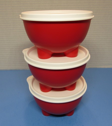 NEW Set of 3 *Tupperware* Red Footed Salsa Bowls 6956A w/ White Lids 6957A