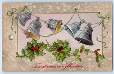 Christmas Postcard Ringing Bells Holly Berries Winsch Back 1908 Antique Posted