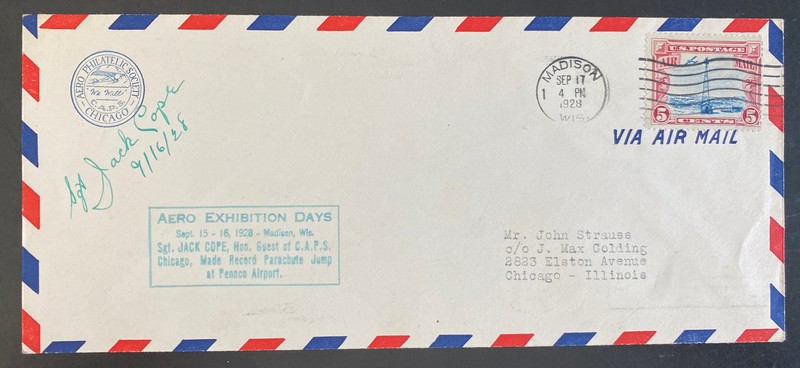 1928 Madison WI USA Aero Exhibition Day Cover To Chicago IL Sgt Jack Cope