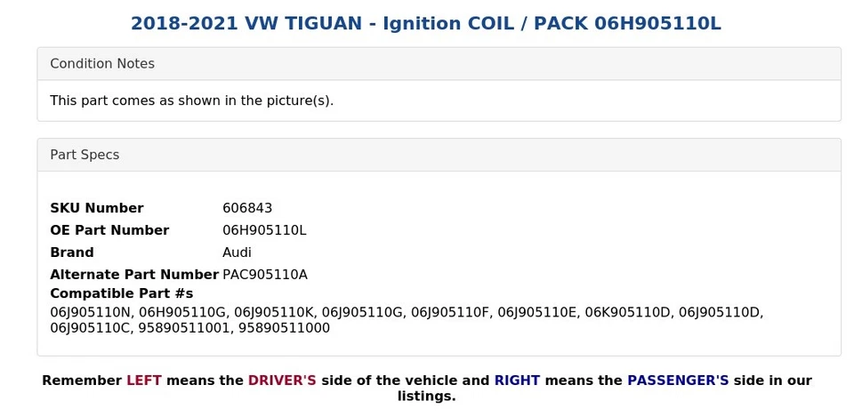 VW TIGUAN 2018-2021 - bobina de encendido / paquete 06H905110L Foto 4 de 4