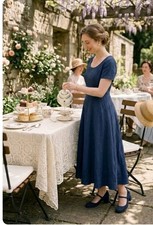 Vintage Laura Ashley Silk Tea Length Dress 6 Cottagecore Prairie Romantic Navy