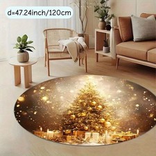 1pc Soft Washable Round Mat - Sparkling Golden Christmas Tree Snow Scene Design,