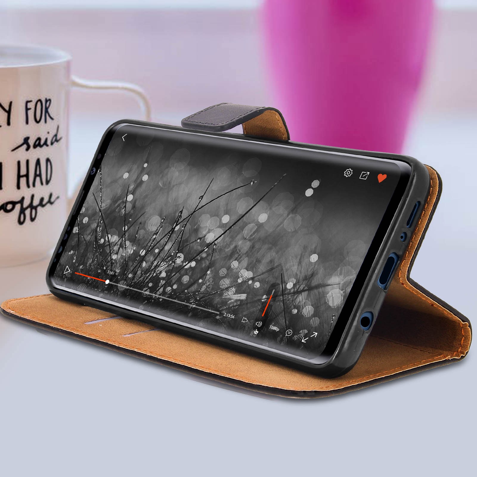 Housse en cuir véritable pour Galaxy S9 Plus avec finitions haut de gamme marron