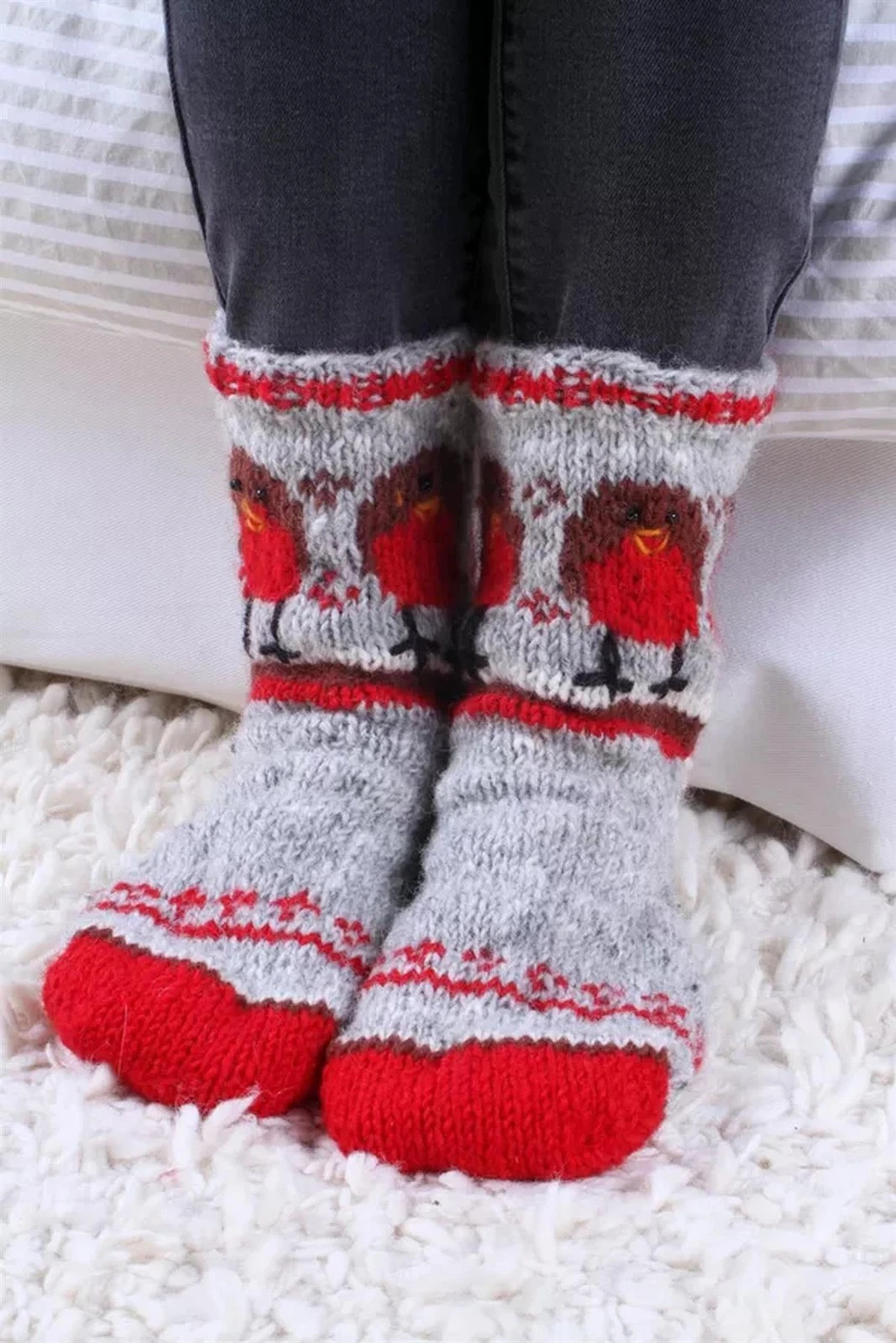 Pachamama Robin Sofa Socks chunky 100% wool hand knit bird lover gift