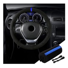 15 Universal Stitch-on Steering Wheel Cover Black Blue Microfiber Anti-slip