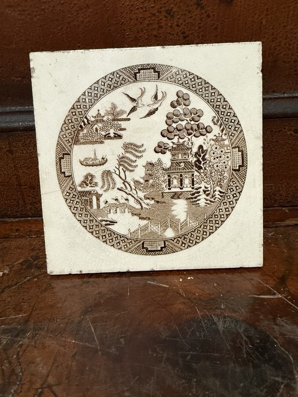 Gorgeous Antique Wedgwood Brown & White Brown Willow 6” Tile