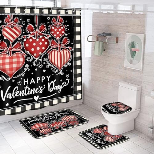 4 Pcs Valentine's Day Shower Curtain Set with Non Slip Rug Toilet Lid Cover - 第 7/8 張圖片