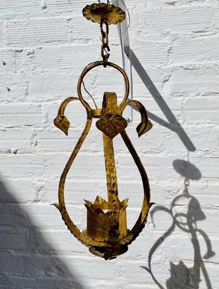Lámpara antigua linterna española de hierro forjado dorado de 20" gótica medieval Foto 3 de 4