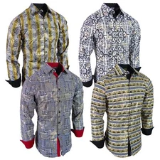 Mens Shirt Luxury Italian Stripe Print Gold Floral Sheen Stretch Slim Fit Button