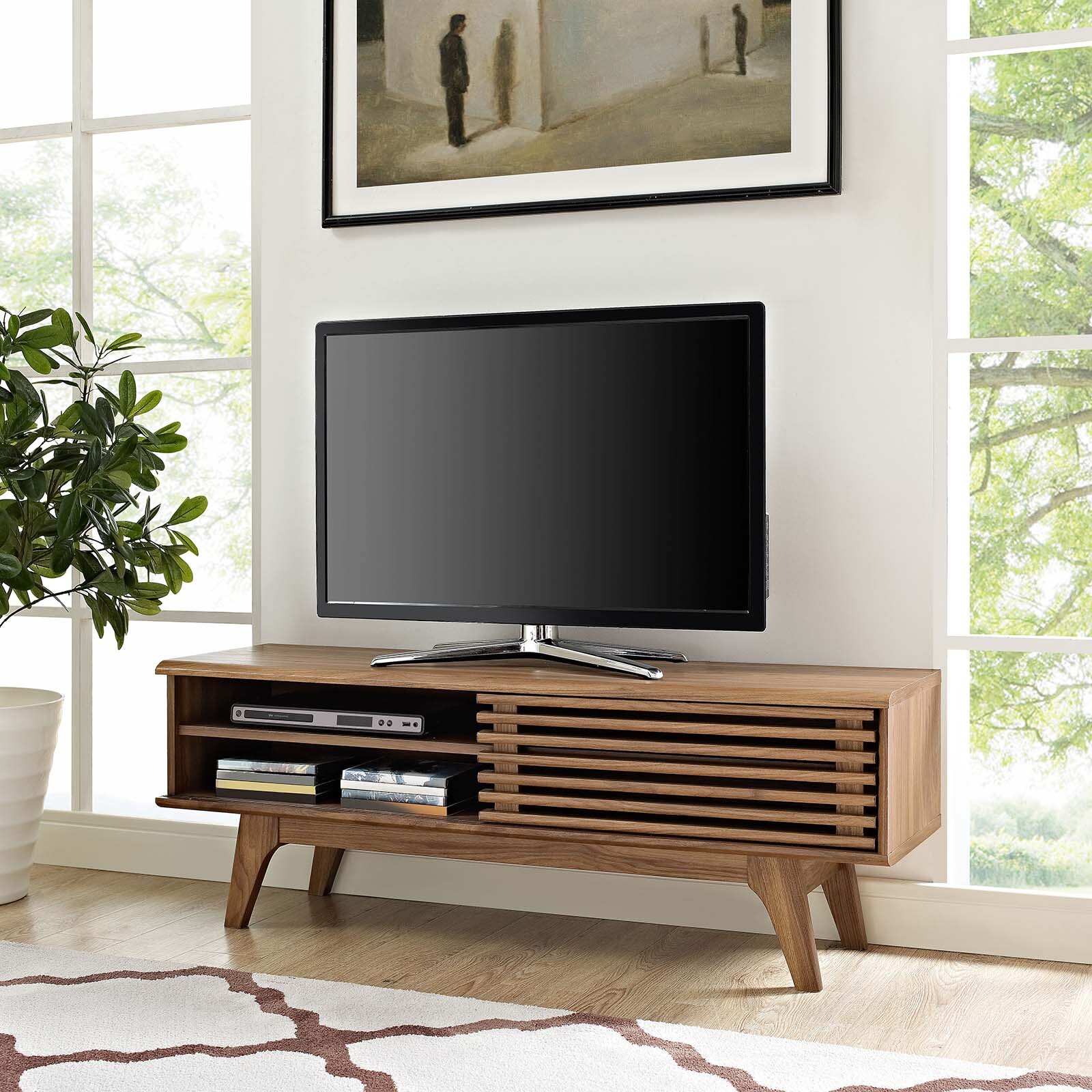 Modway Render Mid-Century Modern Low Profile 48 Inch TV Stand in Walnut