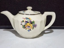 Large Vintage Fraunfelter China Art Deco Floral 6 Cup Teapot Platinum Trim