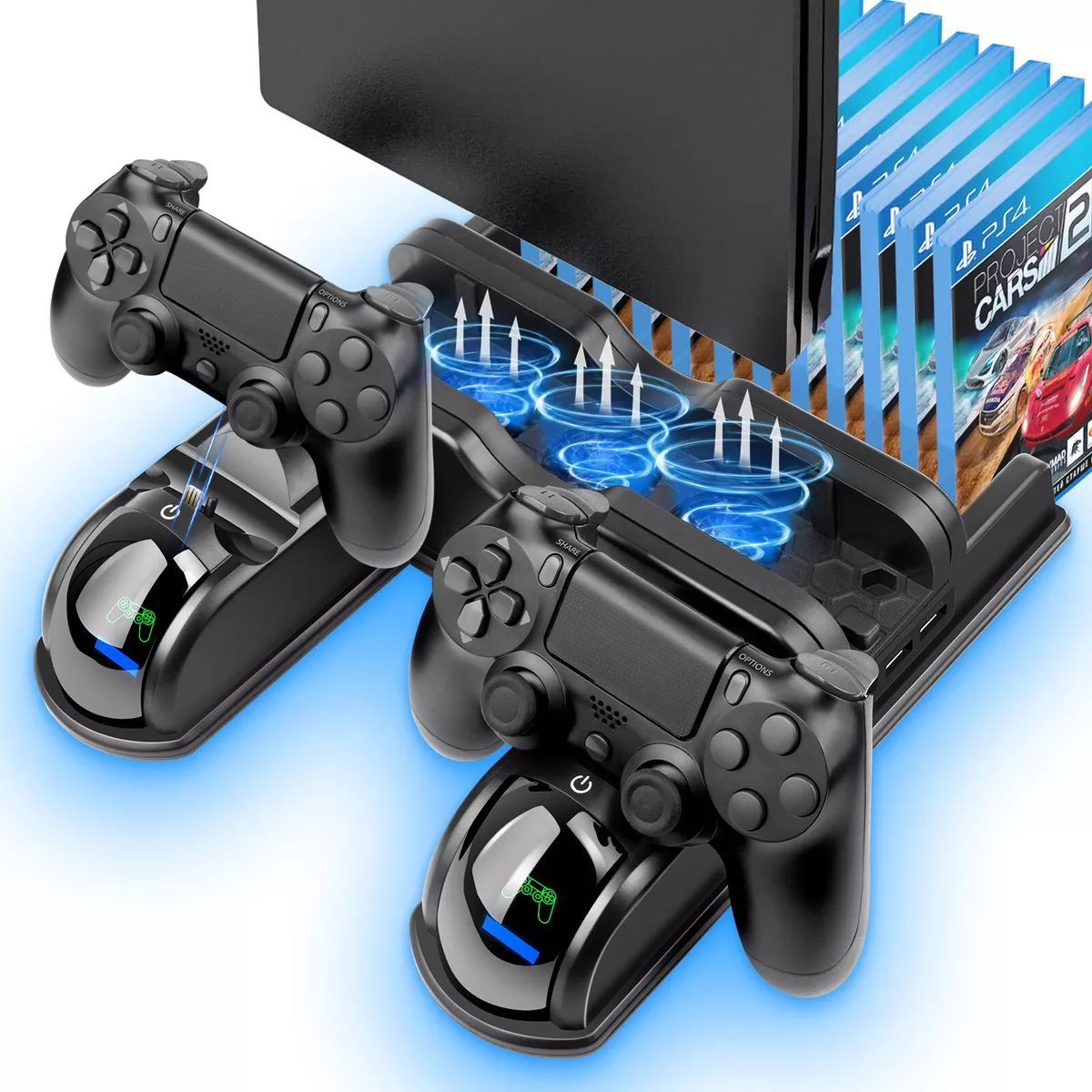PS4 Cooling Fan with Controller Charger Compatible with Playstation 4/PS4 Slim/PS4 Pro, PS4 Stand Vertical Cooling Station for PS4 Accessories,PS4 Pro