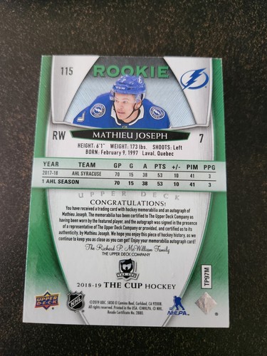 2018-19 The Cup - Mathieu Joseph - Rookie Auto Green Button 1/3 - Picture 2 of 2