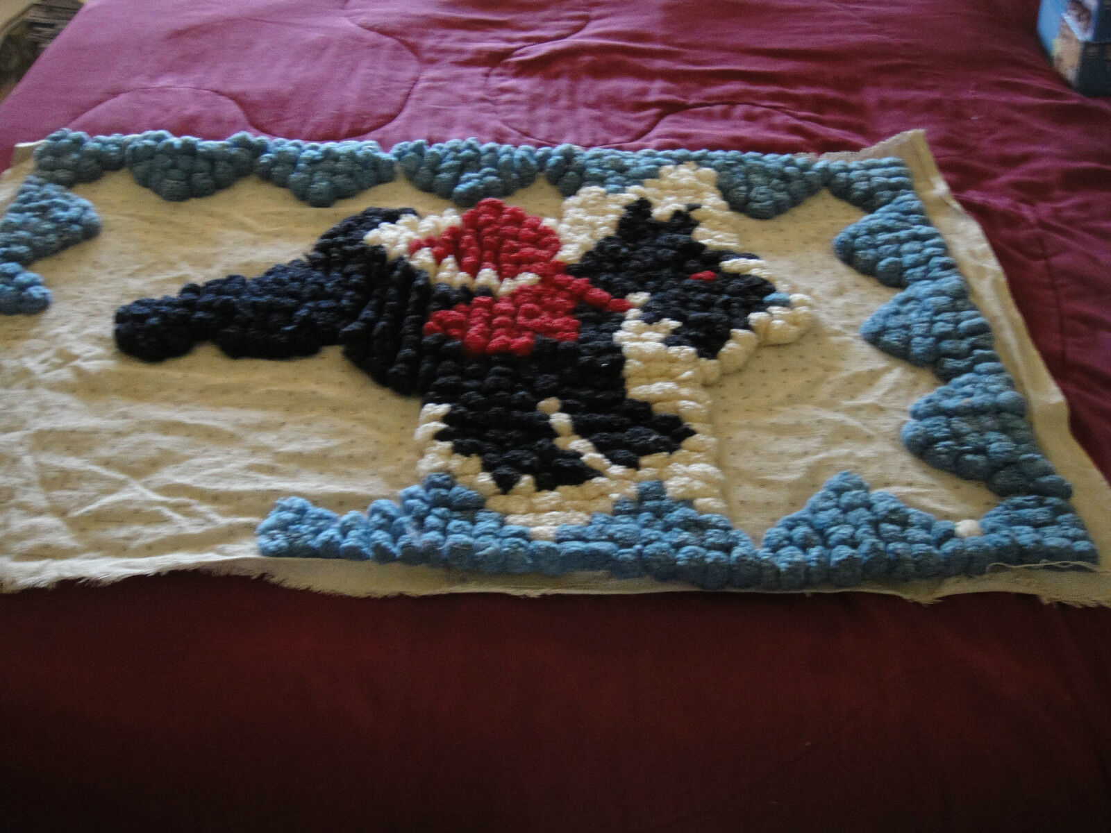 Vintage 1930s Handmade Pom Pom Rug Wall Hanging Scottie Dog Partially Completed
