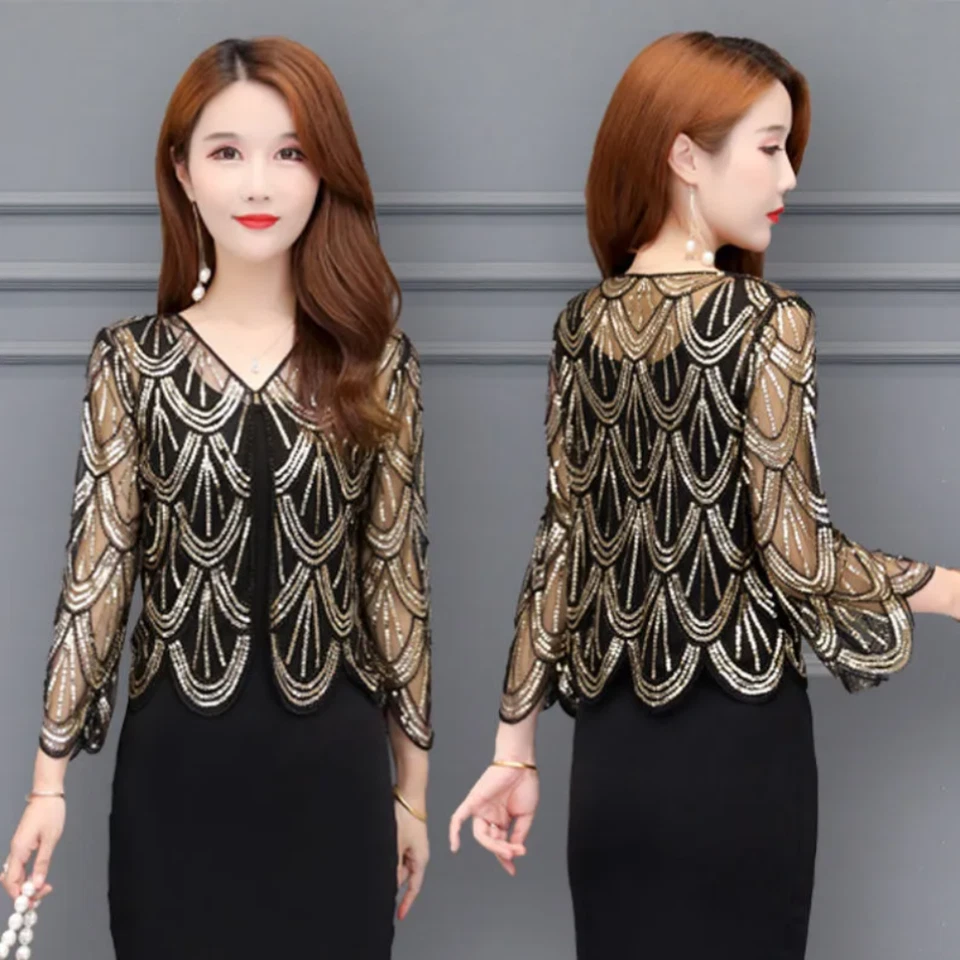 Lady Sequin Cropped Cardigan Mesh Glitter Bolero Jacket 3/4 Sleeve Top Cape Chic - Image 3 of 4