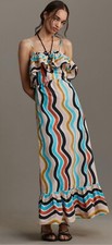 Farm Rio Anthropologie Maxi Dress Ruffle Blue Stripe Cotton Vacay Boho Sz M NWT
