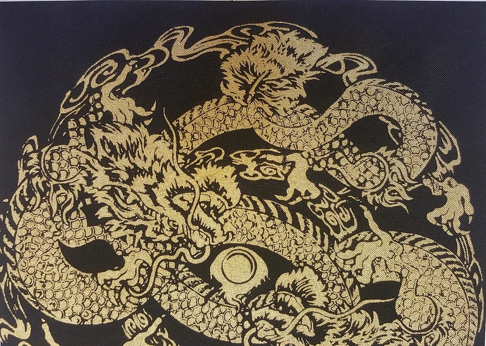 Black Thai Art Silk Painting Poster Print 2 Gold Dragon Animal Asian Home Decor - Image 2 of 4