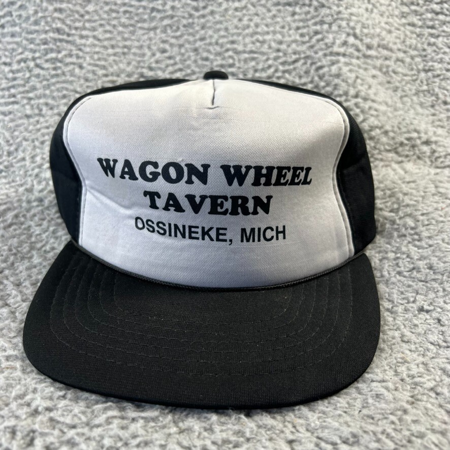 Vintage Wagon Wheel Tavern Snapback Hat Gray black Ossineke Michigan