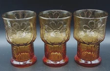 3 Vintage 5" Water Goblets Country Garden Amber by Libbey Glass 1970's Flowers 