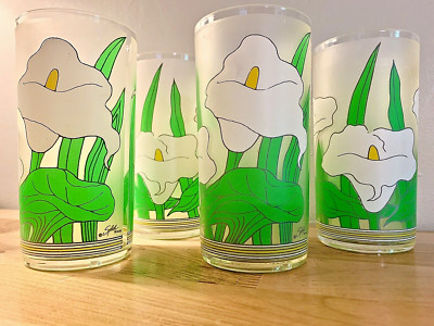 VINTAGE CALLA LILY FROSTED TUMBLERS Plastic Acrylic 16 Oz. Splash Ware 1980 s 