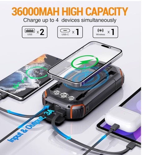 Jinepin Banque d'énergie solaire 36000mAh, orange foncé (PN-W23) - Photo 3 sur 5