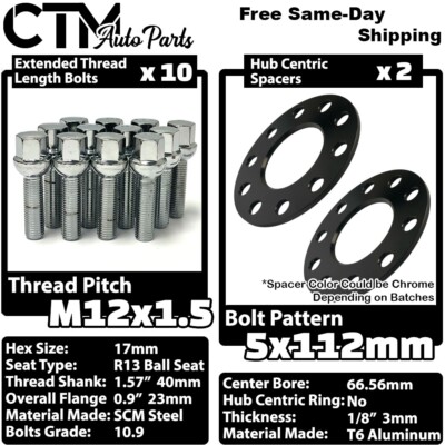2x 3mm Thick 5x112 66.56mm CB Wheel Spacer 12x1.5 Chrome Bolt Fit Mercedes Wheel