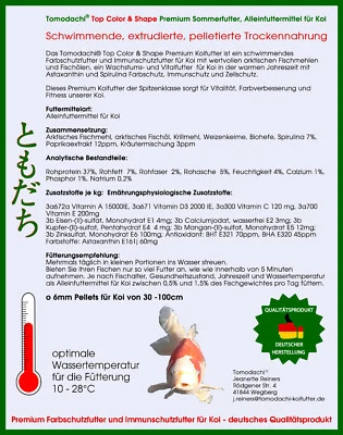 TOMODACHI PREMIUM KOIFUTTER TOP COLOUR AND SHAPE Koifutter Spirulinafutter Koi Farbverbesserung Wachstum Immunschutz 6mm 10kg
