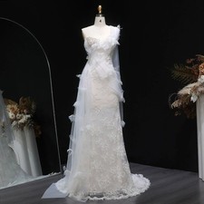 Butterfly Appliques Mermaid Wedding Dress One Shoulder with Bow Pearl Lace-up
