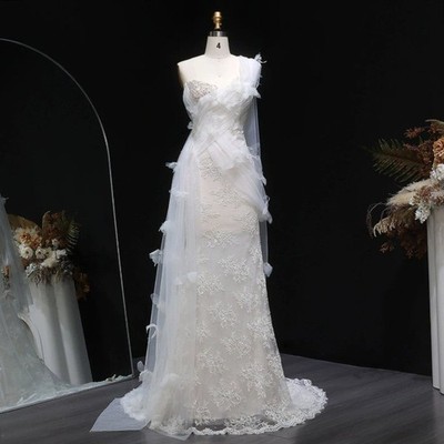 Butterfly Appliques Mermaid Wedding Dress One Shoulder with Bow Pearl  Lace-up | eBay