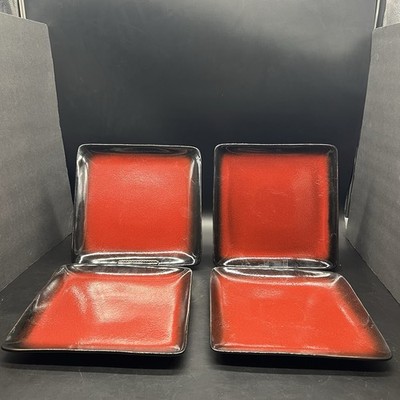 222 Fifth Comino Square Dinner Plates Set of 4 Red Black Stoneware 10.75'' Modern