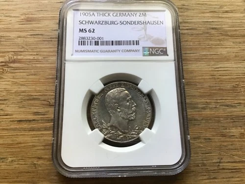 1905 Schwarzburg Sondershausen German States Silver 2 Mark NGC MS-62 Thick Rim