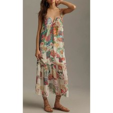 Anthropologie Dress Chiffon Shift Midi Patchwork Print Rose Boho Flowy Nwt XS