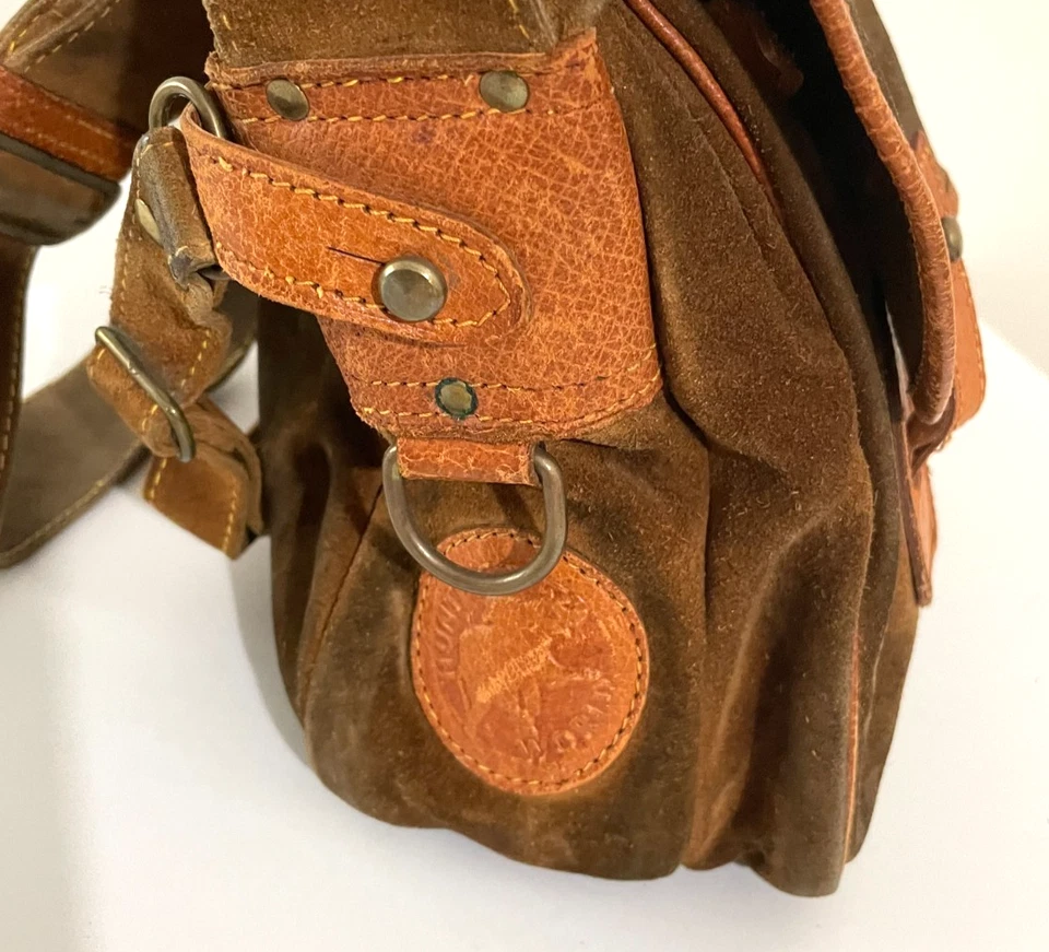 Bolso Bandolera Vintage Hunting World Gamuza Cuero Cruz Marrón Foto 2 de 4