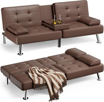 Futon Sofa Bed, Leather Futon Couch with Removable Armrests,