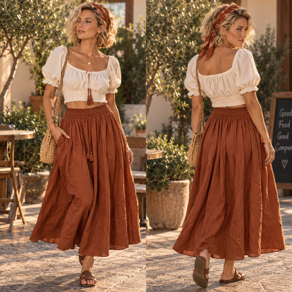 Country Road Skirt 8 Flare Boho Brown Midi Ruched Waist Tie Cottagecore