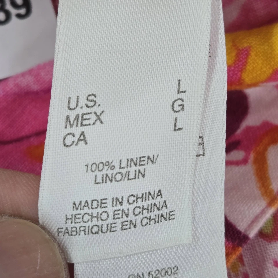 Liz Claiborne 女式纽扣衬衫 L 粉色亚麻花卉领 — 第 3/4 张图片