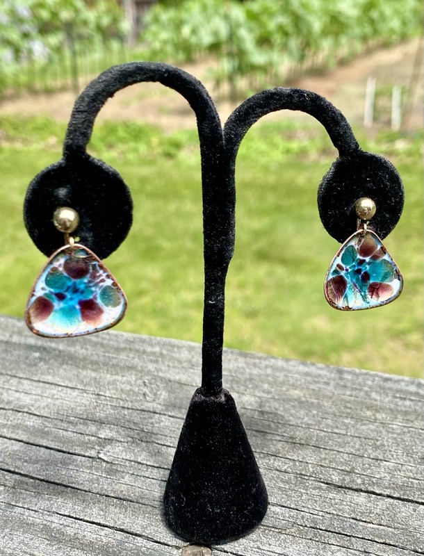 Hogan Bolas Vintage Blue Maroon Green Enamel Copper  Screw Back Earrings Set