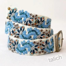 Jenny Krauss Blue Serenade Blue Cream Floral Embroidered Peru Handmade Wool Belt
